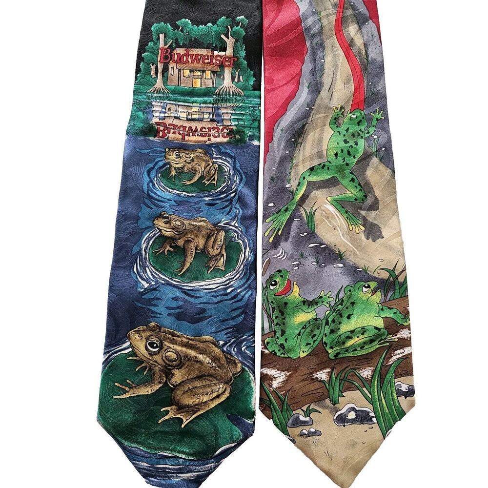 2 Budweiser Frogs Vintage 1995 Silk Tie Anheuser-Busch Necktie 56" x 4"